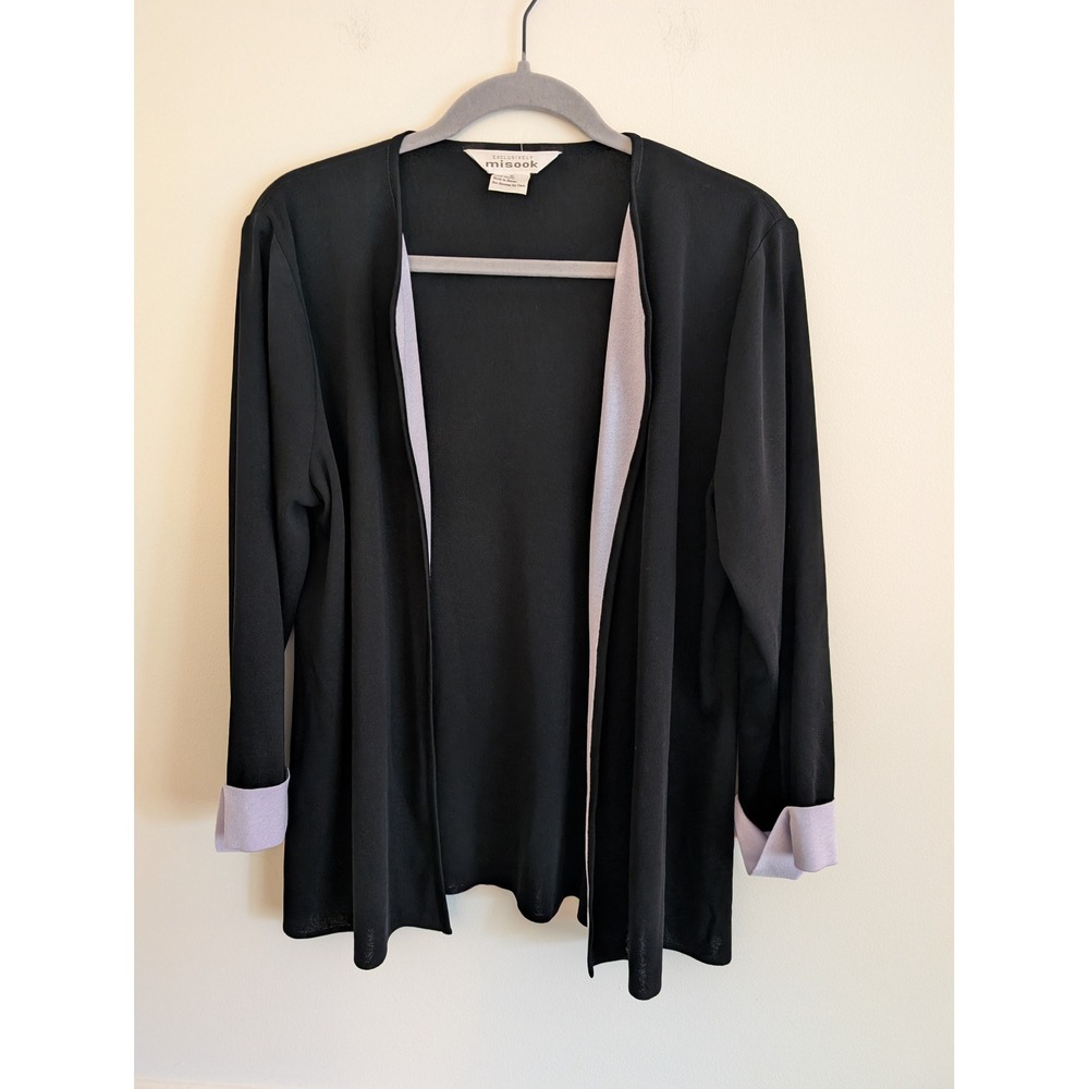 Exclusively Misook Black Lavender Trim Open Front Knit Cardigan Size Large